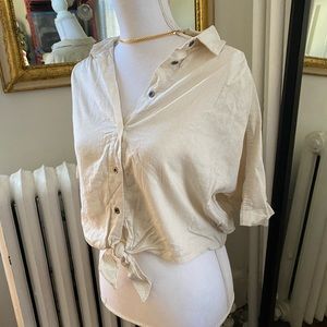 BDG Cream Natural Tie Front Button Down Crop Top